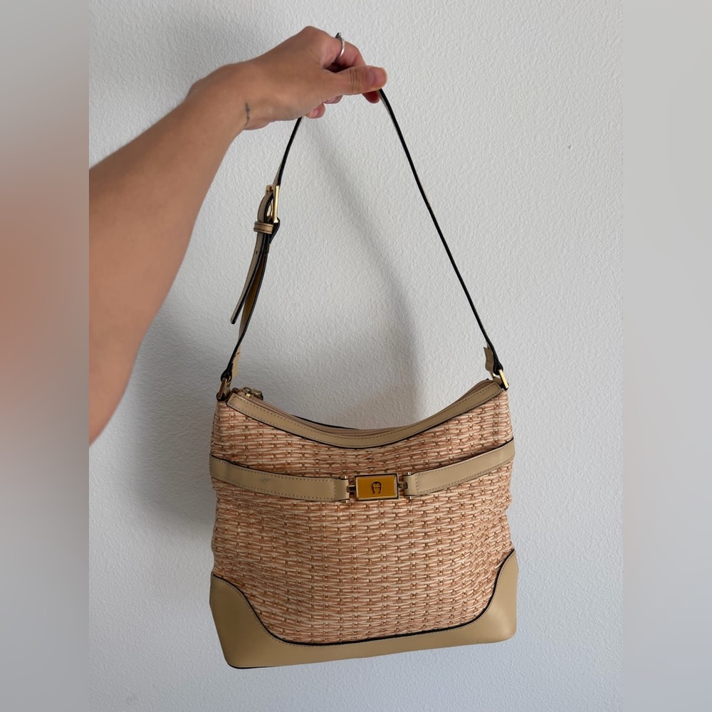 Vintage Etienne Aigner Beige Woven Shoulder Bag with Gold Hardware
